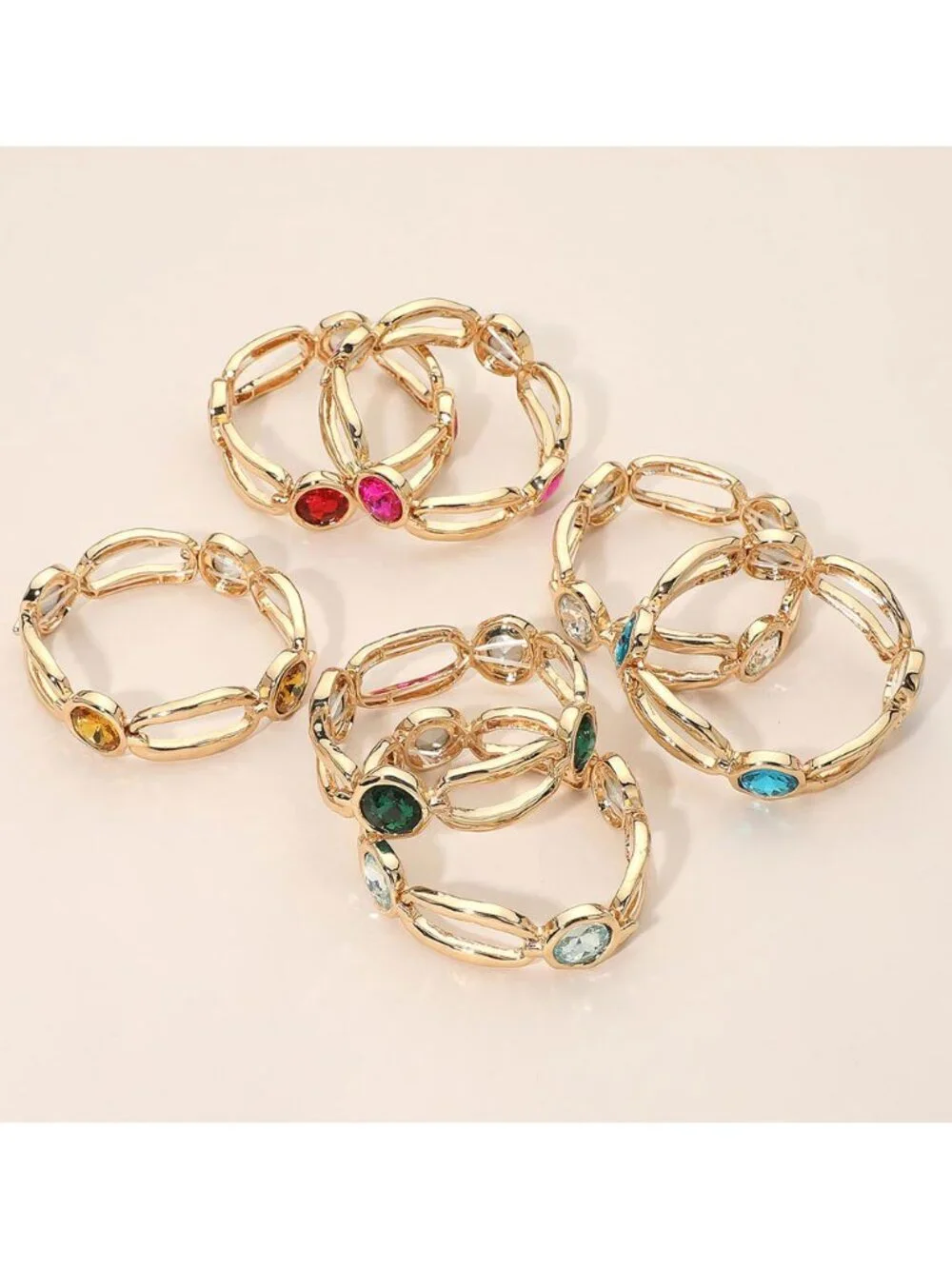 Tigerstars Round Mint Crystal Hammered Metal Open Oval Stretch Bracelet